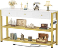 Ecoprsio 47'' Entryway Table with Outlets and USB Ports, Console Table with 3 Drawers, Sofa Table Narrow Long with Storage Shelves for Living Room, Couch, Hallway, Foyer, White and Golden