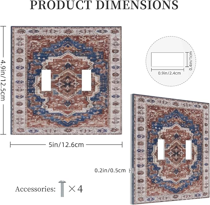 Vintage Orange Medallion Pattern Double Toggle Light Switch Covers Decorative 2 Gang Wall Plate Cover Dual Device Electrical Switchplate Dimmer Faceplate for Bathroom Decor