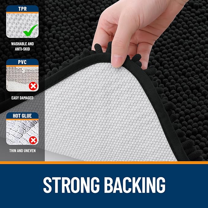 OLANLY Bathroom Rugs Sets 3 Piece, Soft Absorbent Chenille Bath Mats and U-Shaped Contour Toilet Rug, Quick Dry, Home Decor Accessories, Bath Mat Set for Bathroom (36"x24"+24"x16"+24"x20", Black)