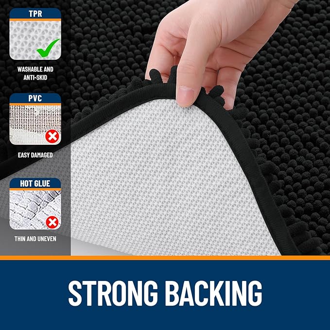 OLANLY Bathroom Rugs Sets 2 Piece, Soft Absorbent Chenille Bath Mats Area Rug Set, Non-Slip, Quick Dry, Machine Washable Bath Mats for Bathroom, Home Decor Accessories (30"x20"+24"x16", Black)