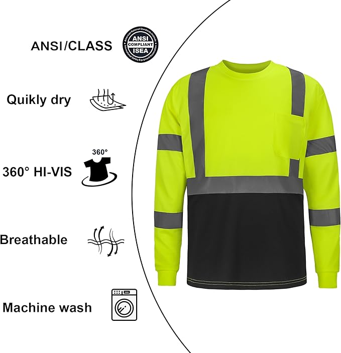 High Visibility Class 3 T Shirts，Hi Vis Safety Shirts with Reflective Strips and Pocket, Long Sleeve Quick Dry Mesh Construction Work Shirt for Men/Women Black Bottom Lime,5XL