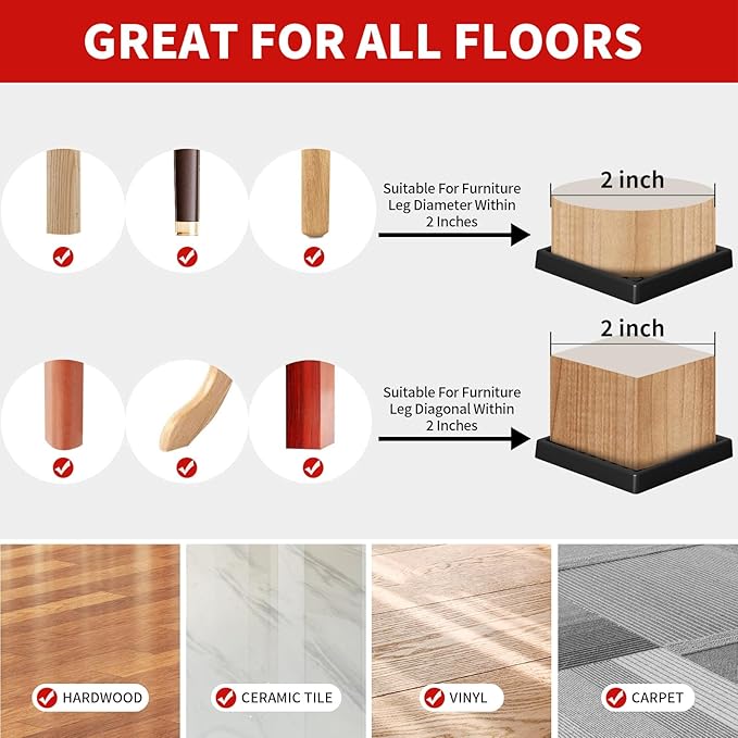 Ezprotekt Non Slip Furniture Pads, 8 Pcs 2" Anti Slip Rubber Caster Cups, Anti Skid Furniture Coasters for Hardwood Floors, No Slide Furniture Gripper, Furniture Stoppers to Prevent Sliding (Black)