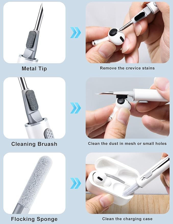 Cleaner Kit for Airpods, 2 Pack Earbuds Cleaning kit for Airpods Pro 1 2 3, Multi-Function Cleaning Pen with Soft Brush Flocking Sponge for Bluetooth Earbuds, iPhone 17,16,Laptop, Camera (Pure White)