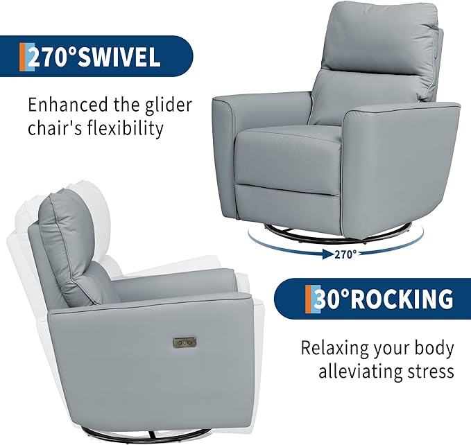 Power Recliner Chair Swivel Glider Faux Leather Upholstered Nursery Rocker Reclining Sofa Chair with Charging Port, Curved Armrests & Padded Backrest for Living Room and Bedroom (Power Gray)