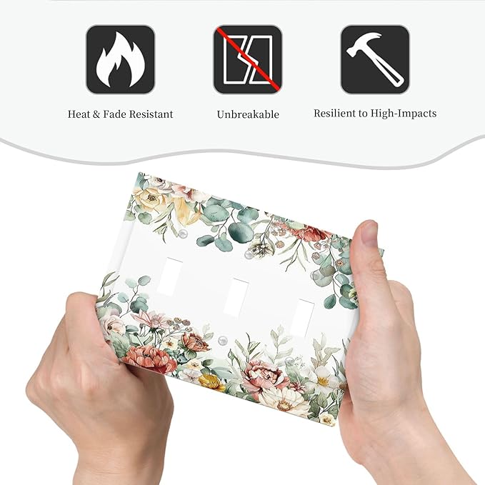 Decorative Switch Plates Vintage Boho Floral Leaves Rustic Sage Botanical 3 Gang Wall Plate Triple Toggle Light Switch Cover Faceplate Electrical Wall Panels for Bedroom Home Decor