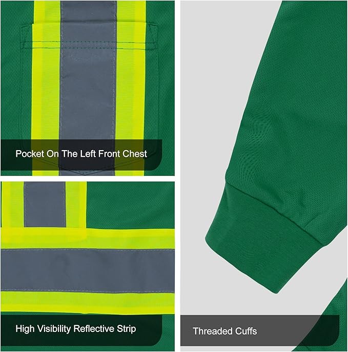 FONIRRA Hi Vis Shirts for Men Reflective ANSI Class 2 Safety Long Sleeve High Visibility Work Construction T Shirts Green