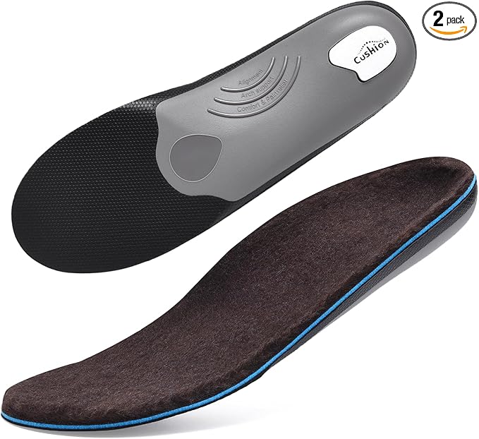 VALSOLE 250+lbs Winter Thermal Wool Insoles for Men Women,Plantar Fasciitis Orthotics Insert,for Flat Feet,High Arch,Foot Pain,Standing All Day Boot Work Shoe Warm Insoles(310mm)