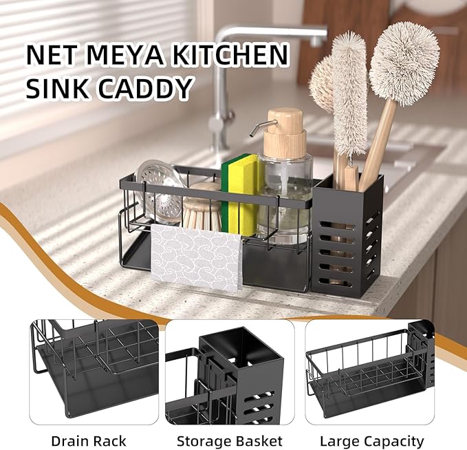 NET MEYA Kitchen Caddy Sink Organizer,Sponge Holder with Dish Brush Holder,Sponge Caddy Soap Dispenser Storage,304 Stainless Steel Kitchen Sink Accessories