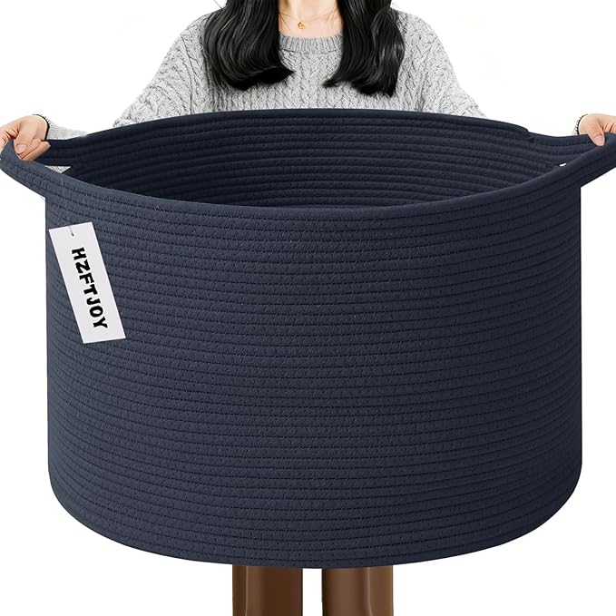 Large Storage Basket with Handle,23.6" x 23.6" x 15.7" Blanket Basket Storage Bins for Organizing,65L Cotton Rope Woven Baskets for Living Room, Nursery,Bedroom,Dark Blue