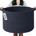 Large Storage Basket with Handle,19.7"L x 19.7"W x 13"H Blanket Basket Storage Bins for Organizing,65L Cotton Rope Woven Baskets for Living Room, Nursery,Bedroom,Dark Blue