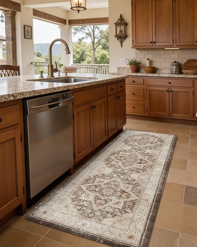 DEXI Kitchen Floor Mats Anti Fatigue, 17x59 Cushioned Vintage Runner Rug Waterproof, Standing Comfort Memory Foam Padded for Front Sink Laundry Office, Beige and Brown