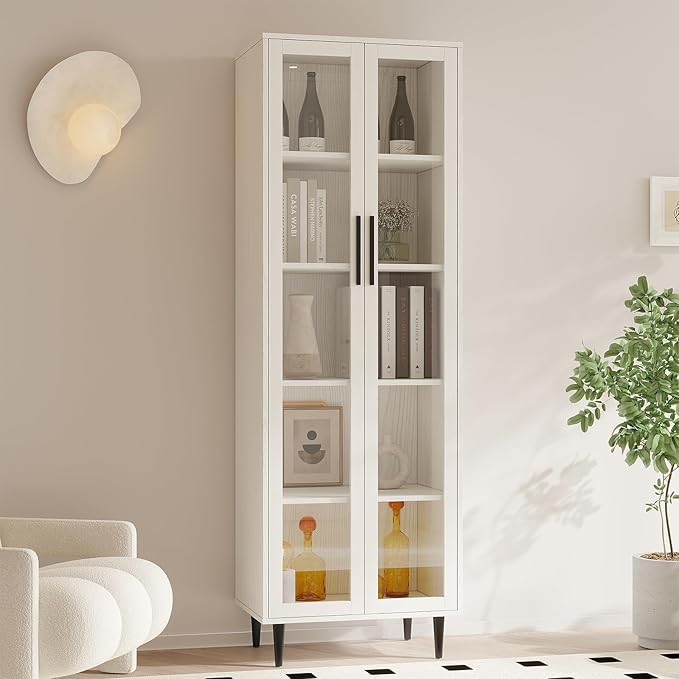 TUSY 70.9“ H Bookshelf with Glass Doors, 5-Tier Display Curio Cabinet with Drawers, Narrow Display Bookcase for Home, Office, Clinic, Pantry (White, C)