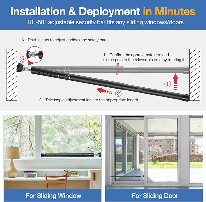 Sliding Door Security Bar, 18"-50" Adjustable Window Security Bars with Rubber Tips, Heavy Duty Door Jammer, Window Bars Security Inside, Window Lock Bar for Home Apartment Travel Patio (Black)