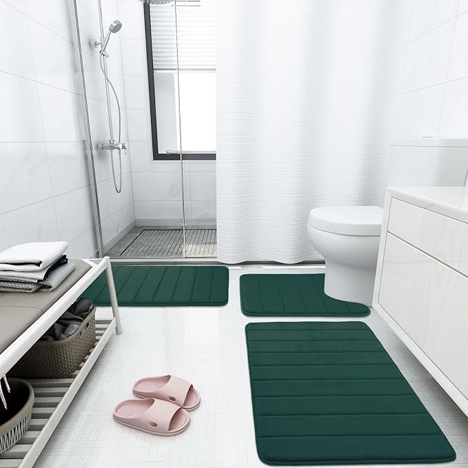 Buganda Memory Foam U-Shaped Contour Toilet Rugs, Non Slip Absorbent, Thick Soft Washable Bathroom Mat, Floor Carpet Bath Rugs Mat for Toilet Base (24" x 20", Dark Green)