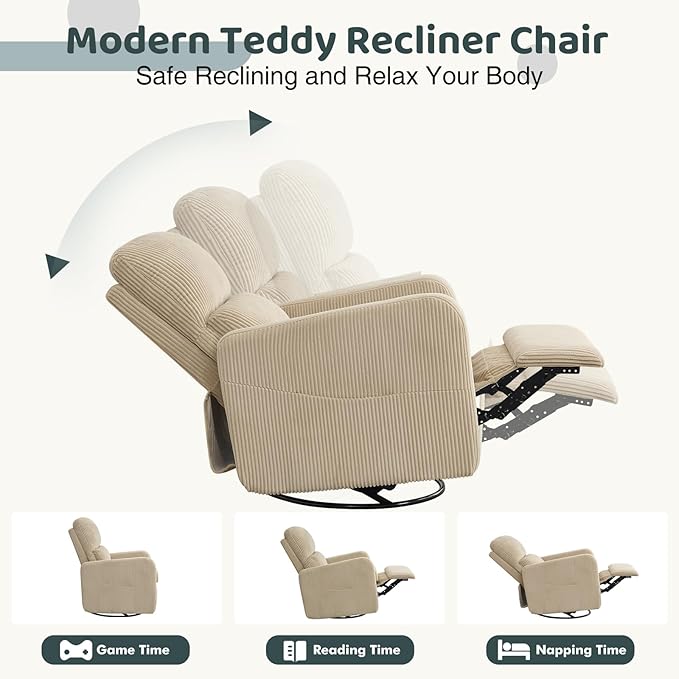 Swivel Rocker Recliner, Oversized Manual Nursery Glider Rocking Recliner Chair with Removable Cushion, Upholstered Swivel Reclining Chair for Nursery Living Room Bedroom, Corduroy Camel