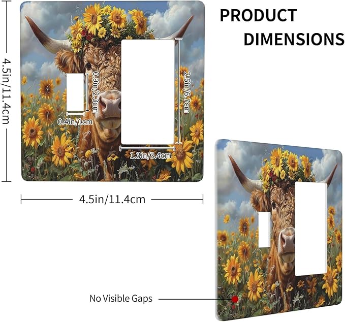 Outlet Covers Vintage Sunflower Highland Cow Rustic Art 1 Toggle 1 Rocker Combination Decorative Wall Plate Electrical Switch Plates Light Switch Cover Plate for Bedroom Farmhouse Decor