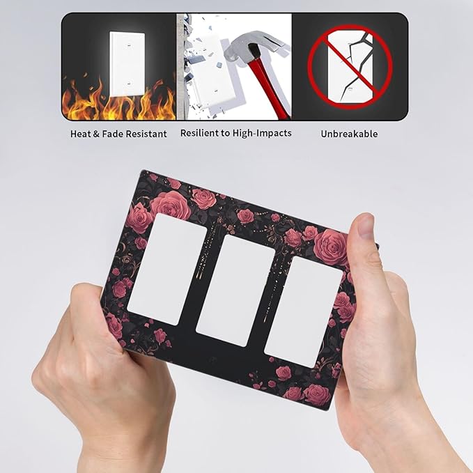Light Switch Covers Dark Background Red Rose Leaf 3 Gang Rocker Electrical GFCI Decorative Triple Outlet Wall Plate Cover Switchplate for Bedroom living Room Decor