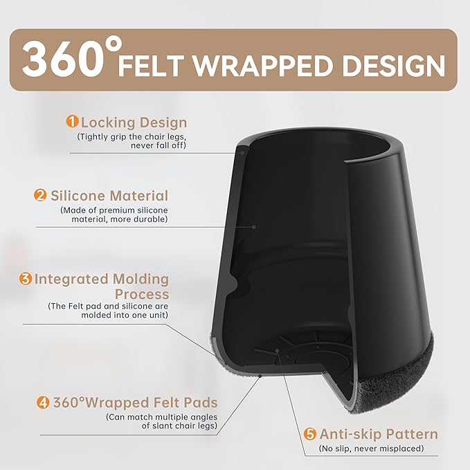24PCS Upgraded Silicone Chair Leg Floor Protectors for Hardwood Floors, Furniture Sliders for Chair Legs, 360°Felt Pad Bottom Wrapped Thickening Furniture Pads Cap Covers to Scratch and Reduce Noise