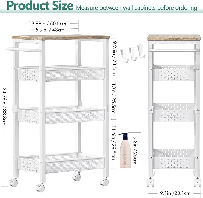 Utility Slim Storage Cart with Wheels, 4 Tier Small Rolling Cart with Wood Top, Metal Kitchen Bathroom Laundry Room Organization Trolley with Handle for Narrow Space - White
