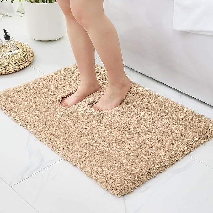 Bathroom Rugs 32x20, Ultra Thick Shaggy Soft Microfiber Absorbent Bath Rug, High Density Foam Latex Non Slip Backing, Machine Washable Bath Mats for Bathroom Floor & Sink, Beige