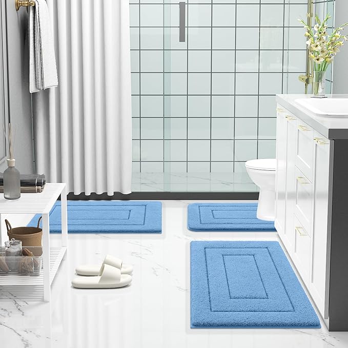 Buganda Bathroom Rugs, 47" x 24", Soft and Absorbent Microfiber Bath Rugs, Non-Slip Shaggy Shower Carpet, Machine Wash Dry Bath Mats for Bathroom Floor, Tub and Shower, Blue