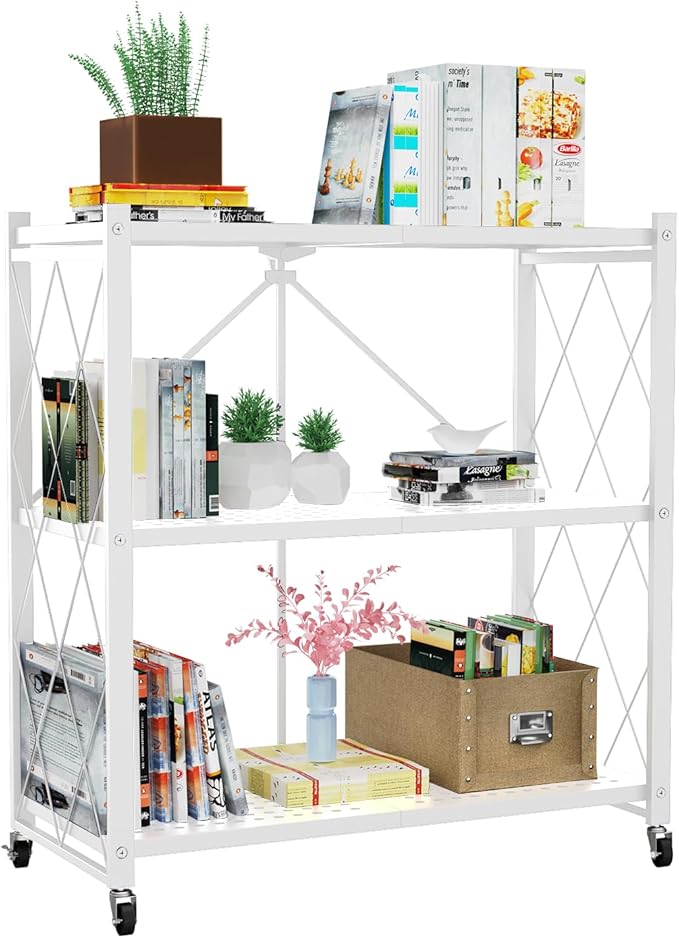 Lifetime Home 3-Tier Foldable Storage Shelf with Wheels - Metal Rack Collapsible Shelving Unit Display, Rolling Cart for Books Kitchen Storage Shelves, Pantry & Closet Organizer, Office Room Decor
