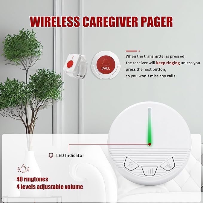 Call Button for Elderly Seniors at Home Wireless Caregiver Pager Call Button Emergency Alert Button 2 Plugin Receivers 2 Waterproof Transmitters 1 Watch Button