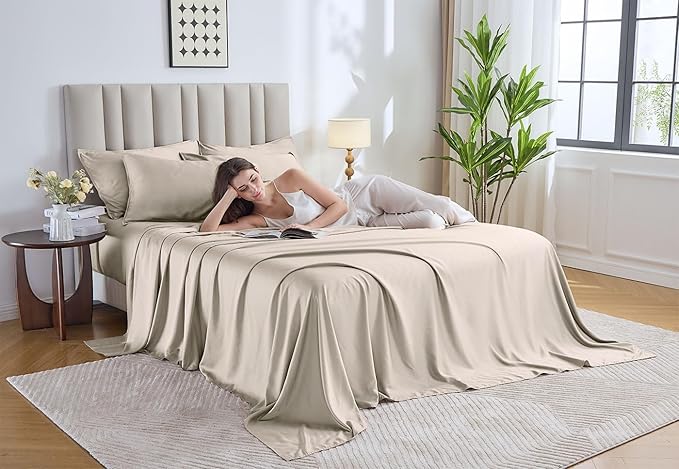 Pure Bamboo Split King Sheets, Genuine 100% Organic Viscose Derived from Bamboo Bed Sheet Set, Soft & Cooling, Double Stitching, 2 Fitted Sheets (Split King, Creme)