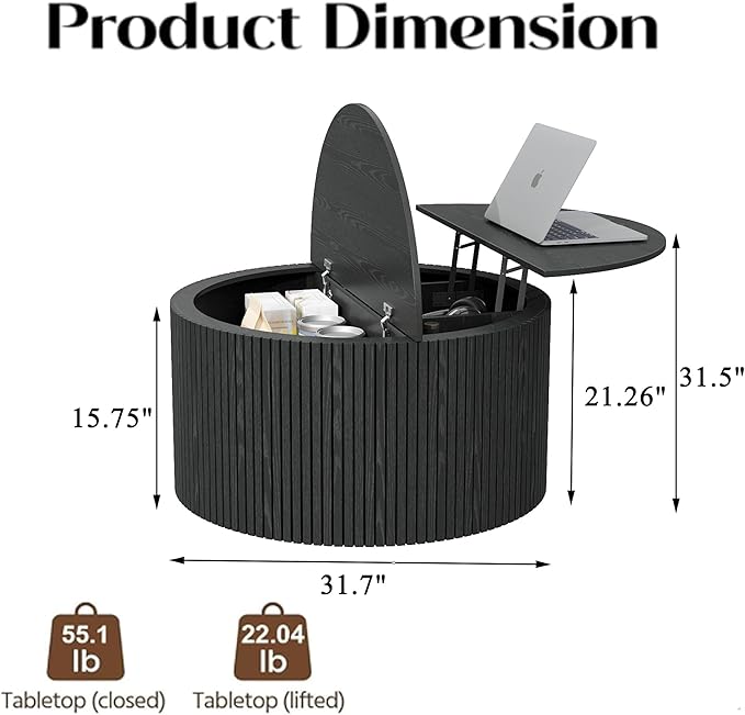 Round Fluted Lift Top Coffee Table, Mid Century Modern Center Table with Storage and Compartment, 2 Tier Small Circle Dining Table, for Living Room, Home Small Space, Black Oak