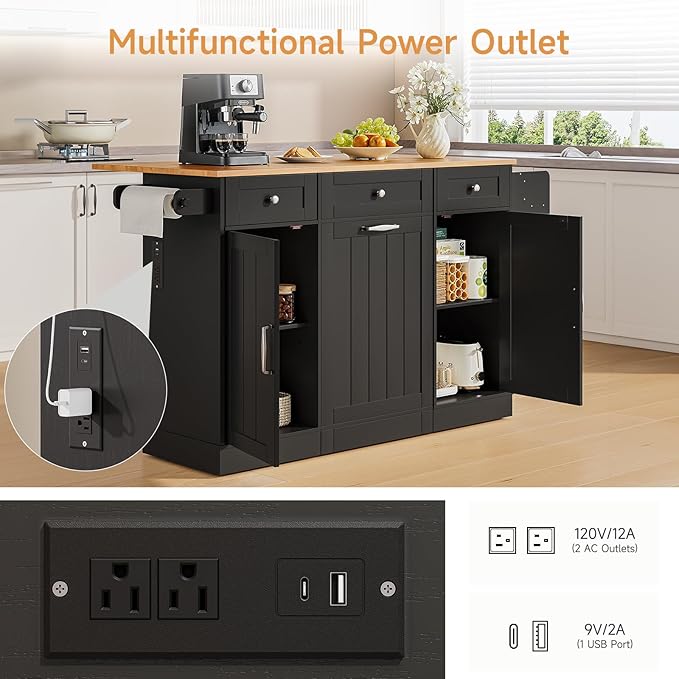 ONBRILL 61" Kitchen Islands with Movable Wood Cutting Board & Trash Storage Cabinets, Rolling Island Cart with Drop Leaf & Power Outlet, Dining Table with Spice & Towel Rack & Knife Holder, Black