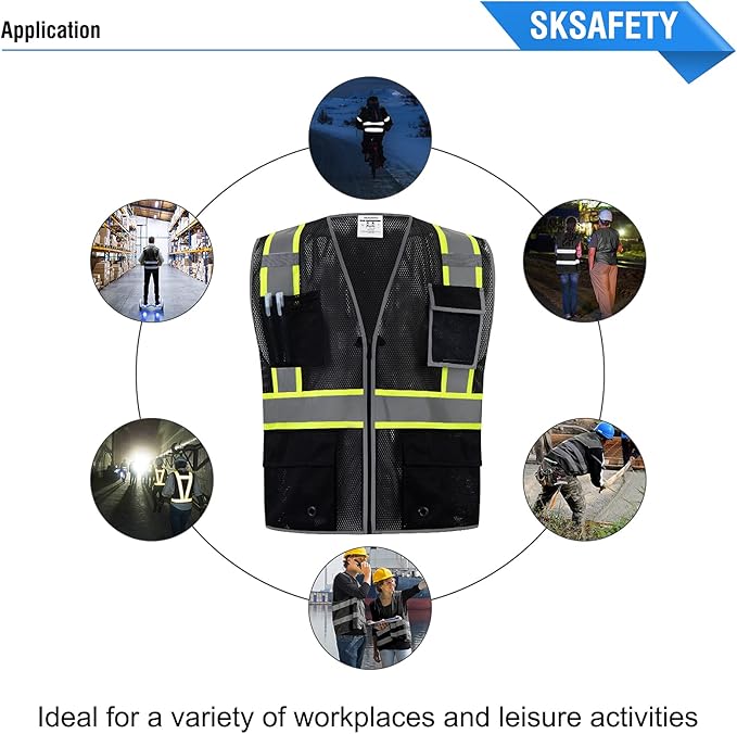 SKSAFETY 10 Pockets Safety Vest, Class 2 High Visibility Security with Zipper Double-sided mesh, Hi Vis Vest with Reflective Strips, ANSI/ISEA Standard, Construction Work Vest （Black, 2XL）