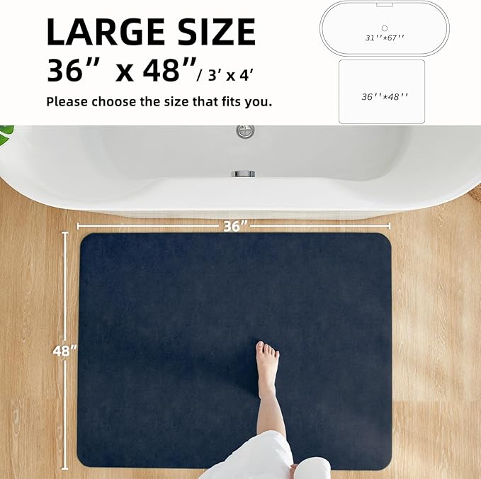 Bathroom Mat Quick Dry, Bathroom Rugs Non Slip Washable Thin Absorbent Bath Mat Fits Under Door Bathroom Floor Mat Perfect for Bath, Shower, or Sink 36"x48" Navy Blue