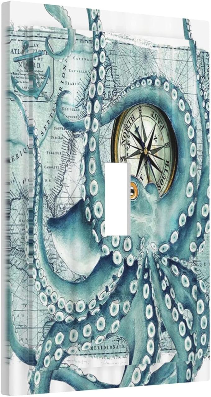 Vintage Nautical Octopus Eyes Funny Ocean Kraken Single Toggle Light Switch Covers Decorative 1 Gang Wall Plates Cover Compass Pirate Map Electrical Device Switchplate for Farmhouse Bathroom