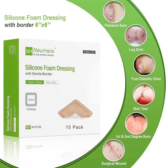 Silicone Adhesive Foam Dressing with Gentle Border 6''x6'', 10 Packs for Bed Sore Leg Ulcer, High Absorbency Waterproof Silicone Wound Bandages by NeuHeils