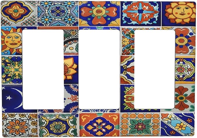 Light Switch Covers Mid Century Talavera Shaped Tiles 3 Gang Rocker Electrical GFCI Decorative Triple Outlet Wall Plate Cover Switchplate for Bedroom Bathroom Decor