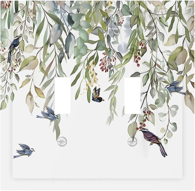 Green Leaf Eucalyptus Leaves Floral Bird Butterfly Decorative Switch Plates 2 Gang Double Toggle Outlet Light Switch Cover Wall Plate Electrical Faceplate for Bed Room Living Room Decor