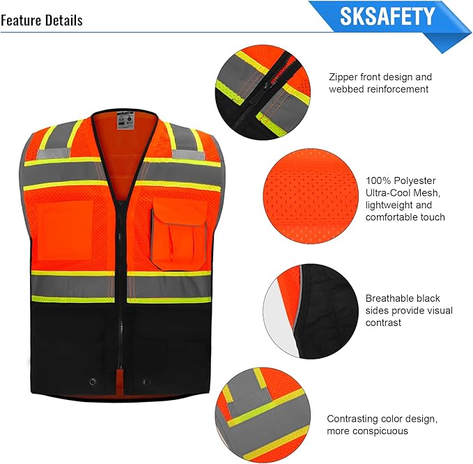 SKSAFETY 10 Pockets Professional level Safety Vest, Class 2 High Visibility Security Vest with Zipper, Hi Vis Vest with Reflective Strips, ANSI/ISEA Standard, Construction Work Vest（Orange Black, 2XL）