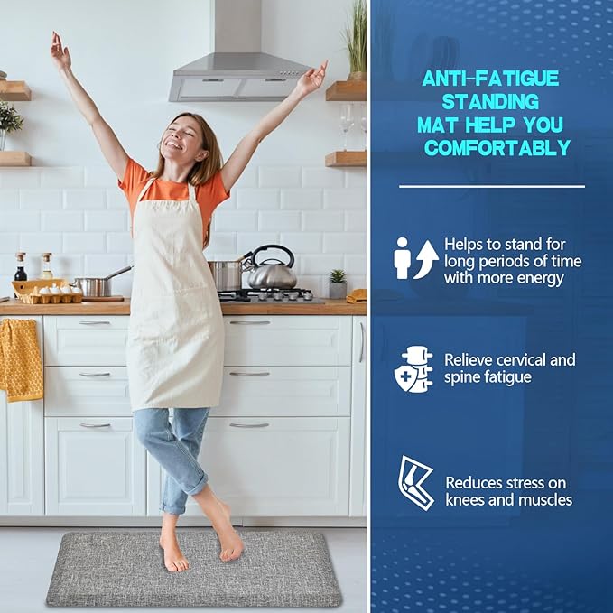Anti Slip 7/8 inchs Anti Fatigue Kitchen Floor Mat, Ergonomic Comfort Standing Mat, Waterproof Kitchen Runner for Home, Kitchen, Office, Laundry, Garage (Light Gray, 17.3" x 39" -0.87")