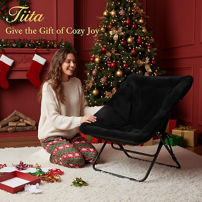 Tiita Comfy Folded Chair, Soft Faux Fur Oversized Folding Accent Chair, Lounge Lazy Chair for Kids Teens Adults, Metal Frame Moon Chair for Bedroom, Living Room, Dorm Rooms
