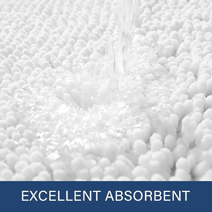 LOCHAS Luxury Bathroom Rug Shaggy Bath Mat 24 x 36 Inch, Washable Non Slip Bath Rugs for Bathroom Shower, Soft Plush Chenille Absorbent Carpets Mats, White