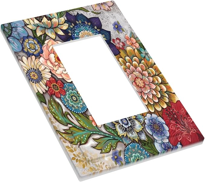 Boho Floral Colorful Floral Multi Color Flower Decorative Outlet Covers 1 Gang Single Rocker Light Switch Cover Plate Wall Plates GFCI Faceplate for Bedroom Living Room Home Decor