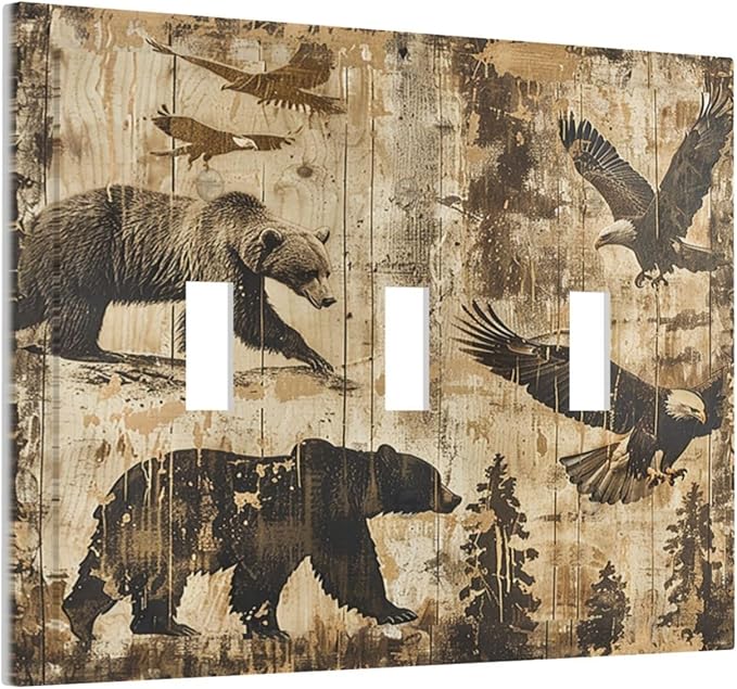 Decorative Switch Plates Vintage Cabin Wildlife Animal Bear Eagle Forest 3 Gang Wall Plate Triple Toggle Light Switch Cover Faceplate Electrical Wall Panels for Farmhouse Bedroom Decor