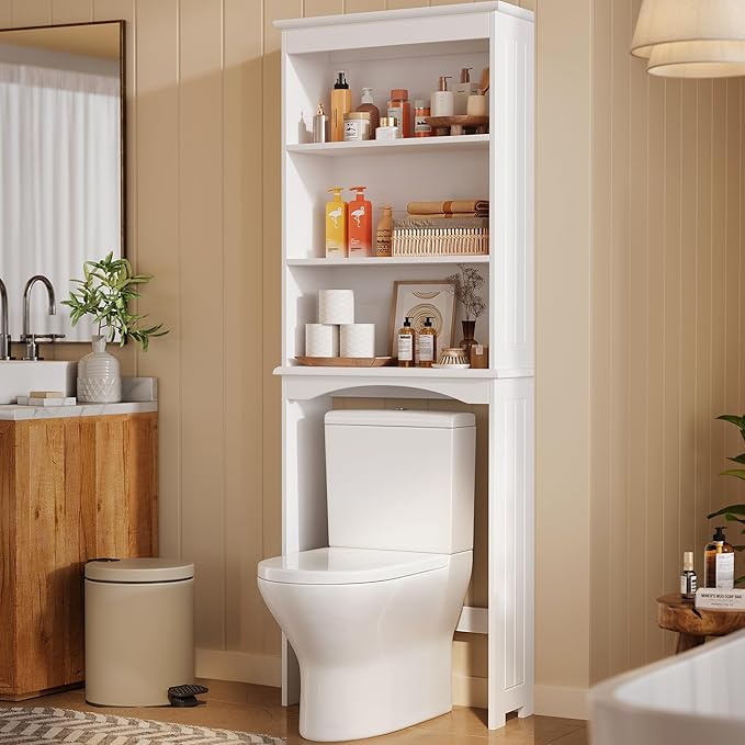 Gizoon Over The Toilet Storage Cabinet, Over Toilet Bathroom Organizer, Bathroom Storage Cabinet with Adjustable Shelf, Anti-Tip Device, Freestanding Space Saver Over The Toilet Shelf, White