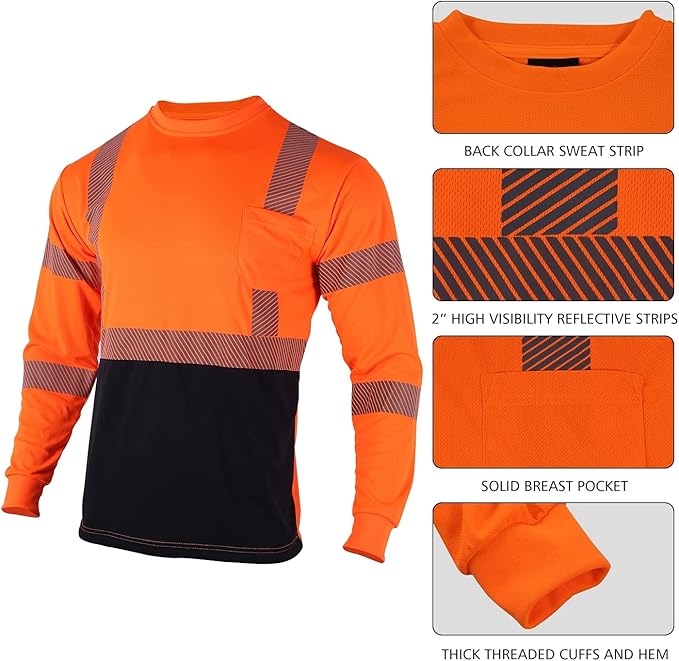 VENDACE Safety Reflective High Visibility Long Sleeve Shirts ANSI Class 3 Hi Vis Construction Work T Shirts for Men