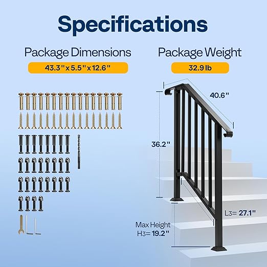 VIVOHOME 2-Pack 3 Step Galvanized Steel Hand Rails for Outdoor Steps – Curved Ends and Safety Balusters Exterior Railing for Porch, Deck, or Indoor Stairs, Complete Installation Kit