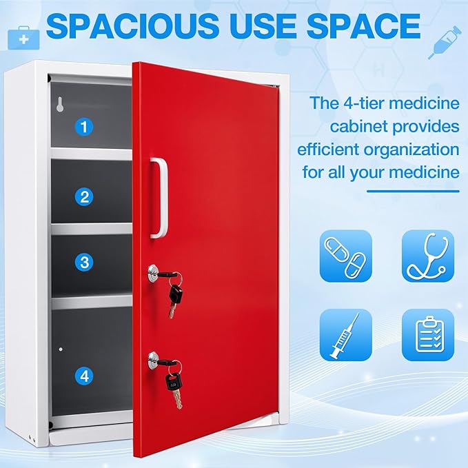 Zonon Locking Medication Cabinet with Document Pocket, Metal Wall Mounted Medication Cabinet with Dual Keys and Lock(Red,21 x 16 x 6 Inch,Right Angle)