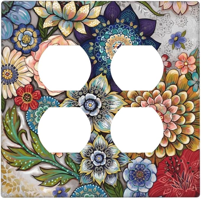 Boho Floral Colorful Floral Multi Color Flower Outlet Covers 2 Gang Double Duplex Decorative Light Switch Covers Electrical Wallplates Socket Faceplate for Bedroom Living Room Home Decor