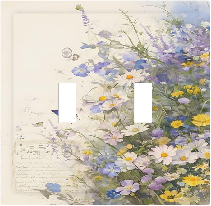 Decorative Light Switch Cover Plate Purple Flower Butterfly Yellow Daisy 2 Gang Switch Plate Covers Double Toggle Wall Plate Dual Device Faceplate for Bathroom Decor