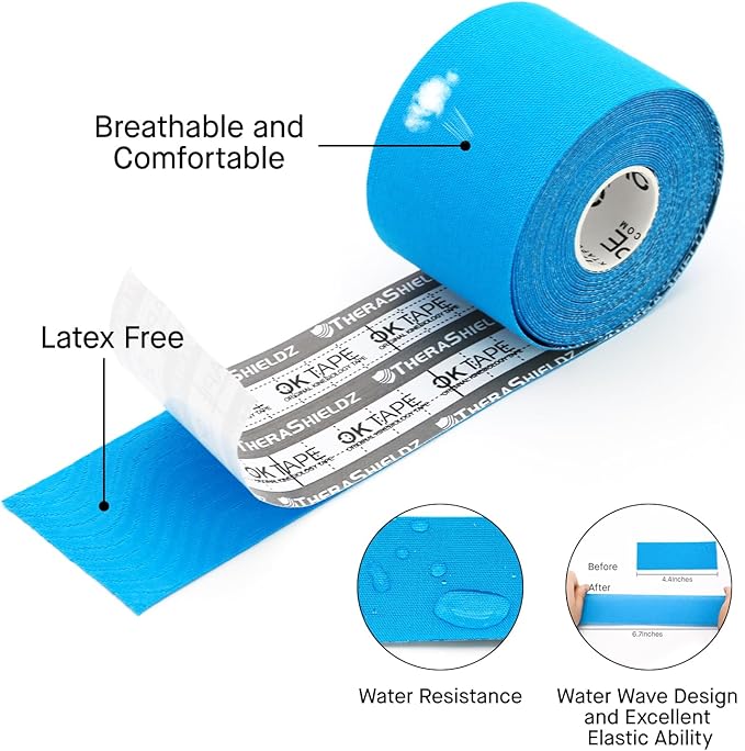 OK TAPE Regular Kinesiology Tape (4 Pack), Original Cotton Athletic Tape for Support Muscle Joint Knee, Sports Waterproof Tape Uncut Strips Latex Free, Hypoallergenic, 2in×16.4ft - Blue