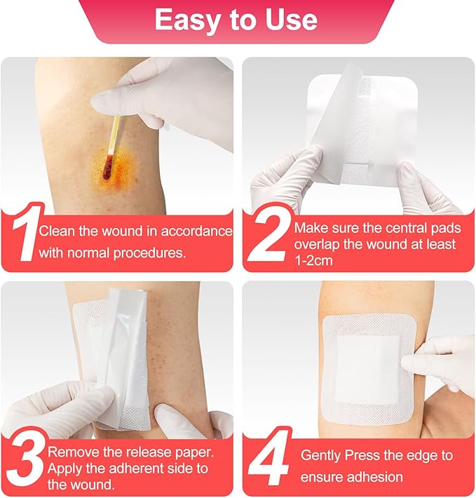 50 Count Adhesive Gauze Island Dressing 4" x 4", Water-Resistant Wound Dressing, Sterile & Absorbent Medical Grade Dressing Pad First Aid Dressing Pads